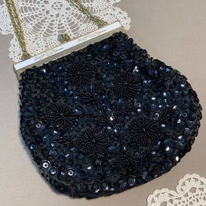 Vintage Black Beaded Evening Bag With Floral Design Mid Century Hong Kong